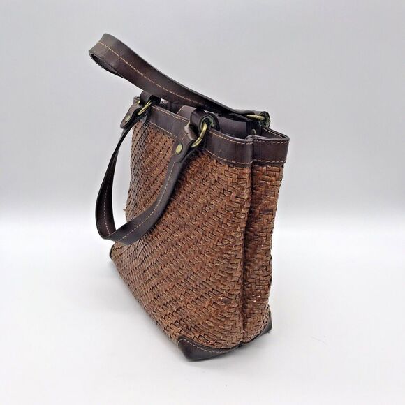 Vintage Fossil Brown Wicker Weave Double Handle Purse 78082 Inside Zip Pocket - Picture 3 of 15